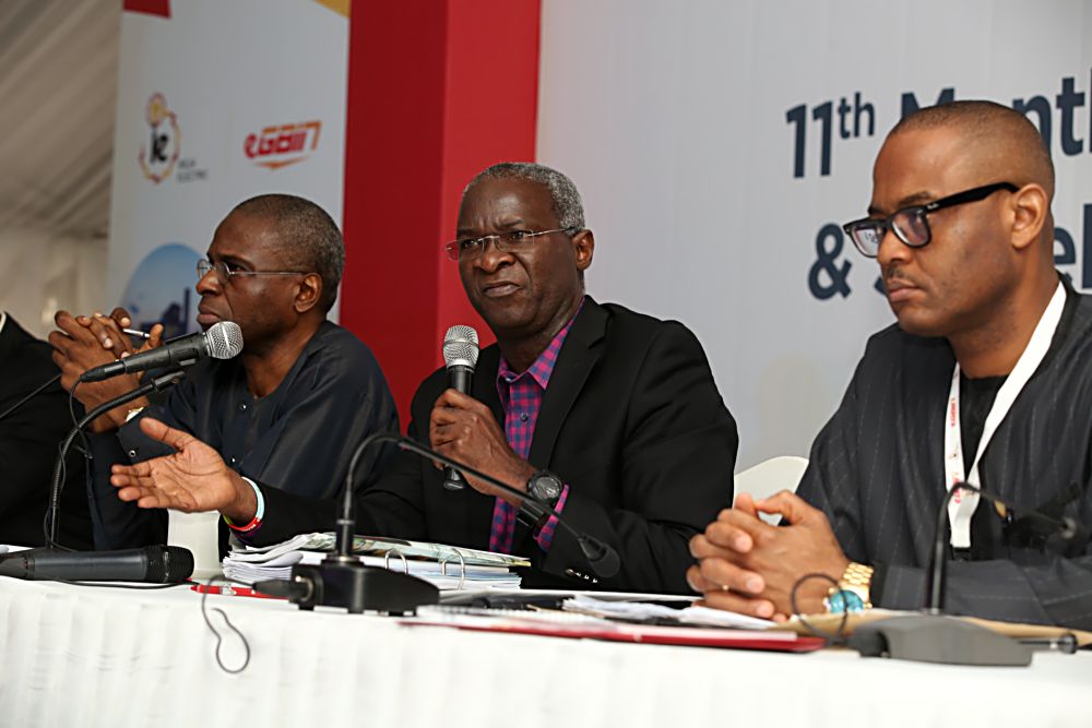 Hon. Minister of Power, Works & Housing, Mr Babatunde Fashola, SAN (middle), Permanent Secretary ,Power ,in the Ministry, Mr Louis Edozien (left) and Ag. CEO, Nigerian Electricity Regulatory Commission, Dr Anthony Akah(right) during the Eleventh Monthly Meeting with Sectoral Participants  in the Power Sector hosted by Ikeja DisCo and Egbin  Power Plc at the  TCN Ikeja West Transmission Station, Ayobo, Ipaja ,Lagos State on Monday  9th, January 2016