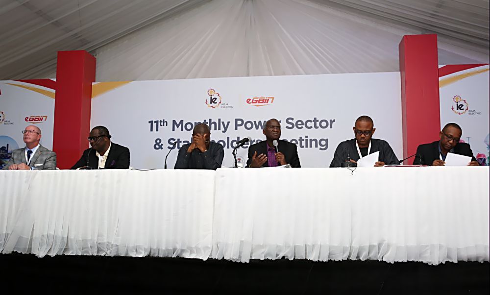 Hon. Minister of Power, Works & Housing, Mr Babatunde Fashola, SAN (3rd right), Permanent Secretary ,Power ,in the Ministry, Mr Louis Edozien(3rd left), Ag. CEO, Nigerian Electricity Regulatory Commission, Dr Anthony Akah (2nd right), MD/CEO, Ikeja Electric, Dr Anthony Youdeowei (right), Chairman, Egbin Power Plc, Mr Kola Adesina (2nd left)and Managing Director/Chief Executive Officer, Egbin Power Plc, Mr Dallas Peavey Jr. (left) during the Eleventh Monthly Meeting with Sectoral Participants  in the Power Sector hosted by Ikeja DisCo and Egbin  Power Plc at the  TCN Ikeja West Transmission Station, Ayobo, Ipaja ,Lagos State on Monday  9th, January 2016