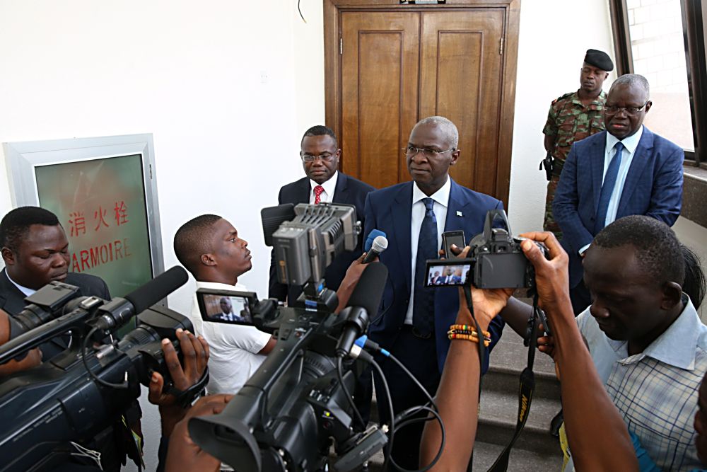 Hon. Minister of Power, Works & Housing, Mr Babatunde Fashola, SAN (left), Minister of Mines, Energy and Water of Benin, Mr Jean â€“ Claude Houssou (left) and Secretary General of  the West African Power Pool (WAPP), Siengui . Apollinaire Ki (right) speaking with Journalists shortly after the Opening Session of the Forum on Electricity Market Development in West Africa organized by WAPP at the Palais des Congres, Cotonou, Benin Republic on Monday 16th, January 2017