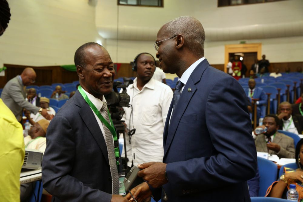 Hon. Minister of Power, Works & Housing, Mr Babatunde Fashola, SAN (right) and pioneer Chairman of the Board of the West African Power Pool (WAPP) and Honorary Adviser to the President/Chief Executive of the Dangote Group, Engr. Joseph Makoju (left) during the Forum on Electricity Market Development in West Africa organized by WAPP at the Palais des Congres, Cotonou, Benin Republic on Monday 16th, January 2017