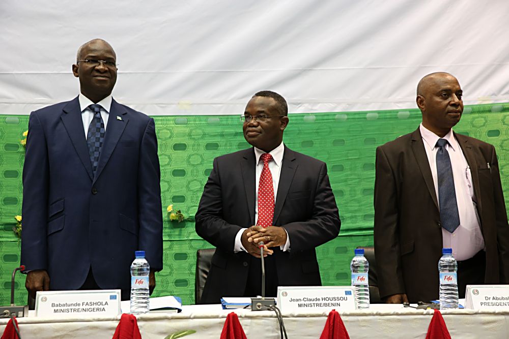 Hon. Minister of Power, Works & Housing, Mr Babatunde Fashola, SAN (left), Minister of Mines, Energy and Water of Benin, Mr Jean â€“ Claude Houssou(middle) and Managing Director,  Transmission Company of Nigeria (TCN), Dr. Abubakar Atiku (right) during the Forum on Electricity Market Development in West Africa organized by the West African Power Pool (WAPP) at the Palais des Congres, Cotonou, Benin Republic on Monday 16th, January 2017