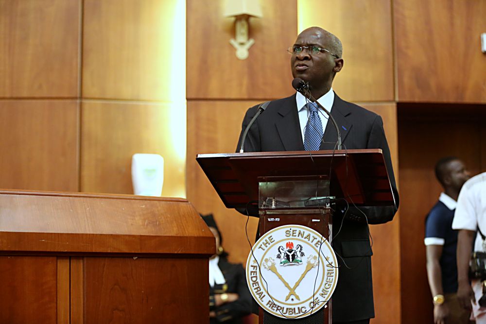 Minister of Power, Works & Housing, Mr Babatunde Fashola, SAN  during a Briefing of the Senate on the Planned Closure of the Nnamdi Azikwe International Airport, Abuja Runway for Repairs at the Senate Chamber on Tuesday, 17th January  2017