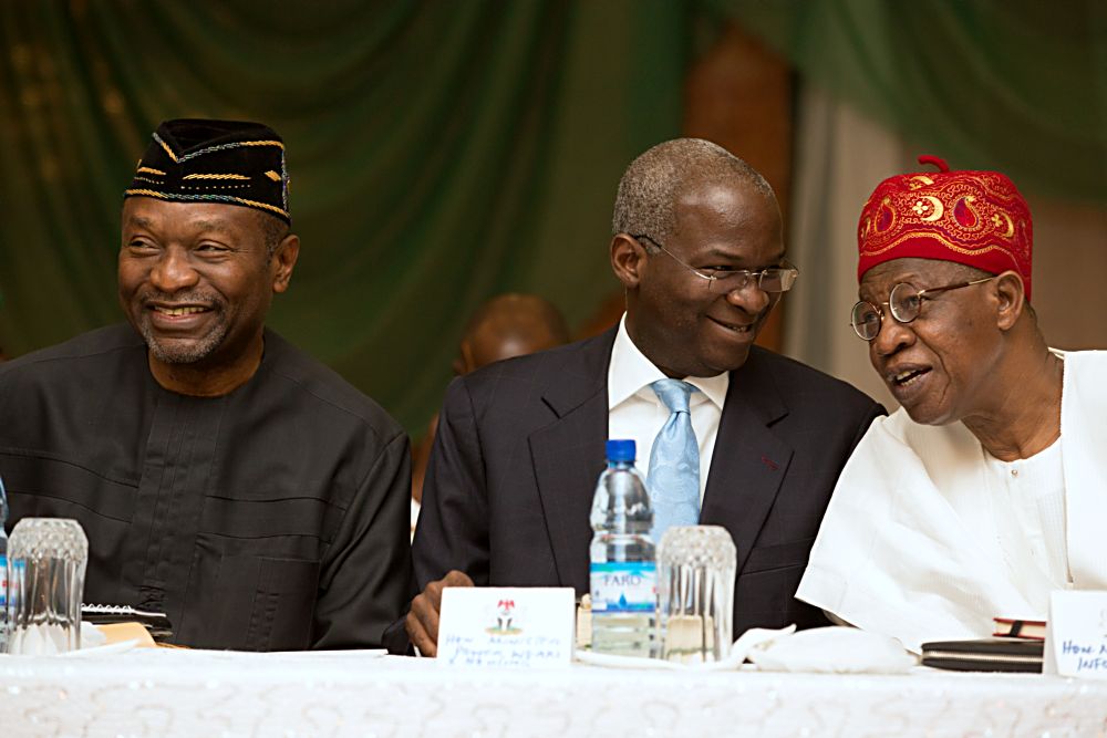 Hon. Minister of Power, Works & Housing, Mr Babatunde  Fashola, SAN (middle),Minister of Information & Culture, Alhaji Lai Mohammed (right) and Minster of Budget & National Planning, Senator Udoma Udoma(left) during the 2nd Presidential Quarterly Business Forum at the State House Banquet Hall, Abuja on Monday 23rd, January 2017