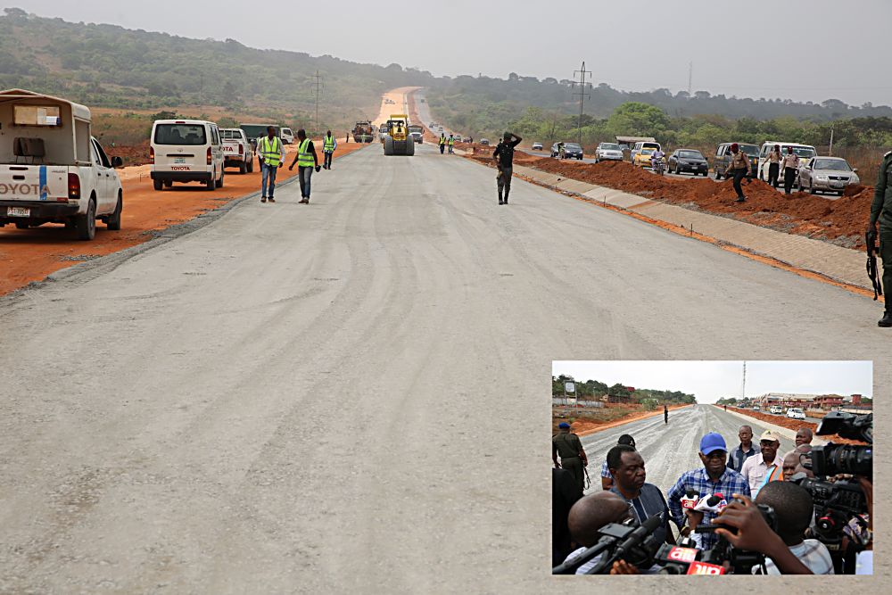 The ongoing construction work on the Rehabilitation of Outstanding Section of Enugu - Onitsha Dual Carriageway, (9th Mile up to Umana - Ndiagwu Junction) in Enugu State . INSET:  Hon. Minister of Power, Works & Housing, Mr Babatunde Fashola,SAN (middle),flanked by Director Highways, South-East, in the Ministry, Engr. Emmanuel Adeoye (left),and Commissioner for Works & Infrastructure, Enugu State, Engr. Patrick Ikpenwa(right) as he speaks with journalists on the peculiar geological challenge of the 9th Mile area shortly after his inspection  on the ongoing construction work on the Rehabilitation of Outstanding Section of Enugu - Onitsha Dual Carriageway, (9th Mile up to Umana - Ndiagwu Junction) in Enugu State  on the third day of his inspection tour of Highway Projects in the South-East Zone of the country on Saturday 4th, February 2017