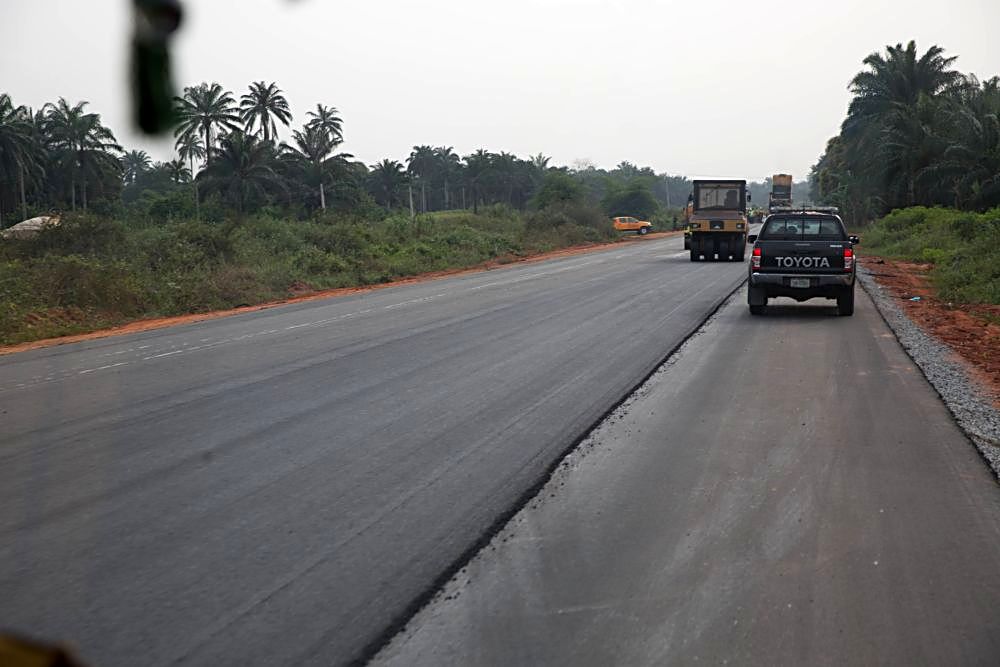 Personnel of  Arab Contractors Nigeria Limited at work during the inspection of the ongoing construction Rehabilitation of Enugu - Port Harcourt Dual Carriageway on the first day of the inspection tour of Highway Projects in the South -East Zone of the country by Hon. Minister of Power,Works and Housing, Mr Babatunde Fashola SAN on Thursday 2, February 2017