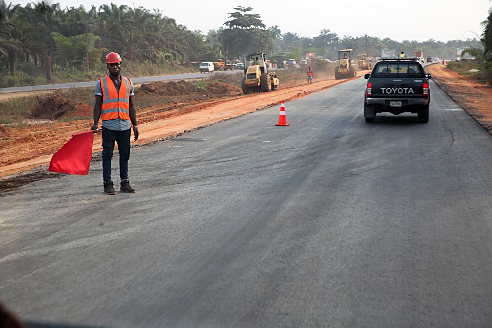 Personnel of  Arab Contractors Nigeria Limited at work during the inspection of the ongoing construction Rehabilitation of Enugu - Port Harcourt Dual Carriageway on the first day of the inspection tour of Highway Projects in the South -East Zone of the country by Hon. Minister of Power,Works and Housing, Mr Babatunde Fashola SAN on Thursday 2, February 2017