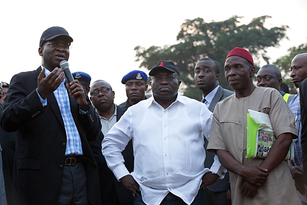 Hon. Minister of Power, Works & Housing, Mr Babatunde Fashola,SAN(left), Governor of Abia State, Dr. Okezie Ikpeazu (middle) and others  during the  inspection tour of the ongoing construction work on the Rehabilitation of  Ikot  Ekpene - Ikot Umuoessien - Aba Road in Abia / Akwa - Ibom States by  Brent Investment Nigeria Limited  on Thursday 2nd, February 2017