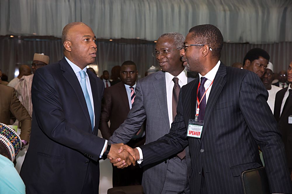 Hon. Minister of Power, Works & Housing, Mr Babatunde Fashola, SAN (middle), President of the Senate, Dr Olubukola Saraki(left) and a participant during the Stakeholders Interactive Dialogue/Workshop on the Power Sector with the theme,"The Nigerian Power Challenge: A Legislative Intervention," organized  by the National Assembly at the Congress Hall, Transcorp Hilton, Abuja on Tuesday 7th, February 2017