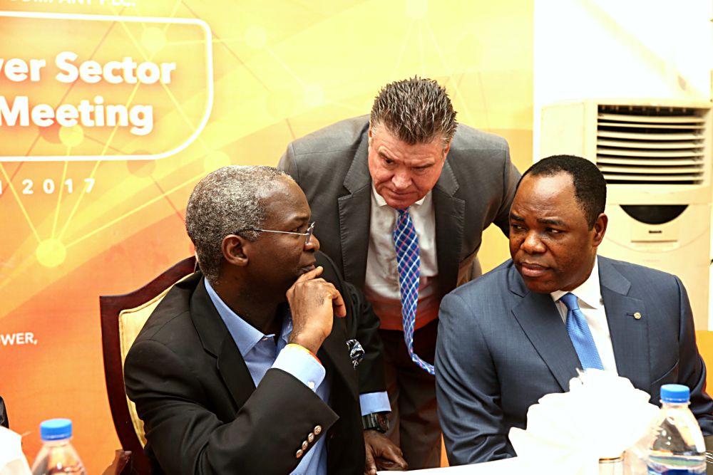 Hon. Minister of Power, Works & Housing, Mr Babatunde Fashola, SAN (left), Chairman, Ibadan Electricity Distribution  Company Plc (IBEDC), Dr. Olatunde Ayeni (right) and Managing Director, IBEDC, Mr. John Donnachie(middle) during the 12th Monthly Meeting with Sectoral Participants in the Power Sector hosted by IBEDC Plc  at the Olorunsogo Injection Substation, Akanran, Lagos-Ibadan Expressway, Ibadan, Oyo State on Monday 13th, February 2017