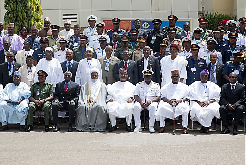 Hon Minister of Power Works  Housing Mr Babatunde FasholaSAN3rd leftCommandant National Defence College Rear Admiral Samuel Ilesanmi Alade4th right and Sultan of Sokoto Saad Abubakar III 4th left Governor of Kogi State Alhaji Yahaya Bello3rd right President Alumni Assocation of the National Defence College AANDEC  Brig Gen JN Temlongright AVM MN Umarurtd and others in a groupphotograph shortly after the Opening Session of the 7th Edition of the National Security Seminar 2017 organized by the Alumni Association of the National Defence College with the theme 