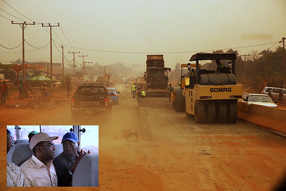 A section of the ongoing workon the Dualisation of Lokoja  Benin Road Section IV Ehor  Benin City in Edo StateINSETHon Minister of Power Works  Housing Mr Babatunde Fashola SAN right and Deputy Governor of Edo State Dr Pius Odubu leftduring the Hon Ministers inspection of the ongoing work on theDualisation of Lokoja  Benin road Section IV Ehor  Benin City in Edo Stateon the third day of his inspection tour ofHighway Projects in the South  South Zone of the country on Saturday 18 February 2017