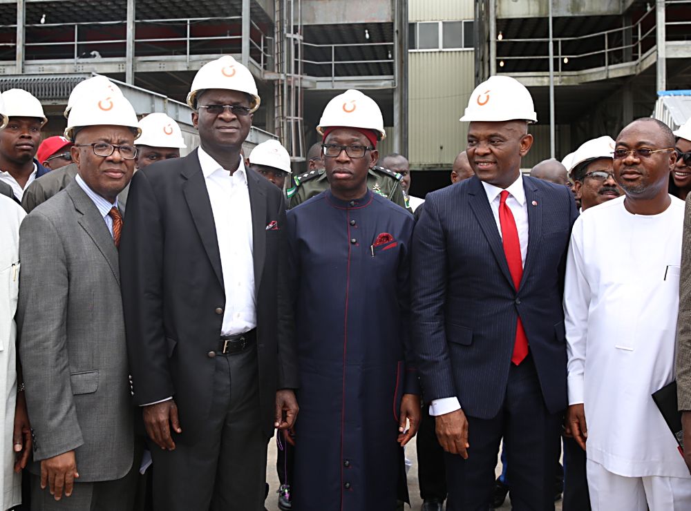 Hon Minister of Power Works  Housing Mr Babatunde Fashola SAN2nd left Governor of Delta State Dr Ifeanyi OkowamiddleChairman Transcorp Power Limited Mr Tony Elumelu2nd right and Senior Policy Adviser to the Governor of Delta State Prof Sylvester Monyeright during the Commissioning of the 115 MW Gas Turbine 15 shortly before the 13th Monthly Meeting with Sectoral Participants in the Power Sector hosted by Transcorp Power Ltd in Ughelli Delta State on Monday 13th March 2017 