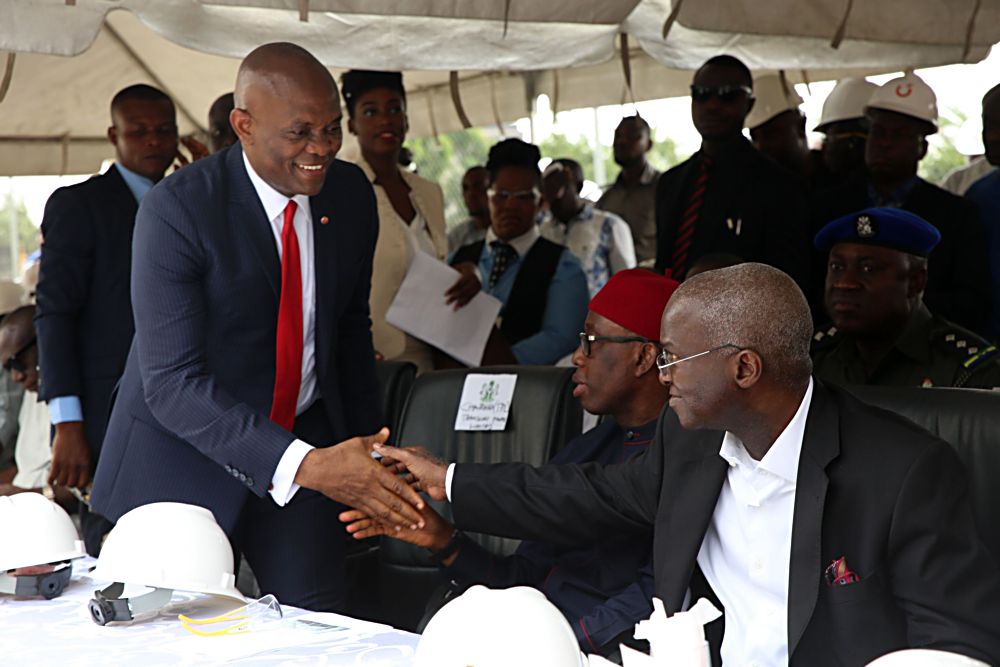 Hon Minister of Power Works  Housing Mr Babatunde Fashola SANright Governor of Delta State Dr Ifeanyi Okowamiddle and Chairman Transcorp Power Limited Mr Tony Elumelu2nd right during the Commissioning of the 115 MW Gas Turbine 15 shortly before the 13th Monthly Meeting with Sectoral Participants in the Power Sector hosted by Transcorp Power Ltd in Ughelli Delta State on Monday 13th March 2017