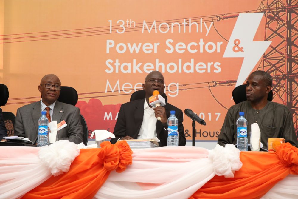 Hon Minister of Power Works  Housing Mr Babatunde Fashola SANmiddle Permanent Secretary Power Mr Louis Edozienright and Director Transcorp Power Limited Mr Emmanuel Nnorom 2nd left during the 13th Monthly Meeting with Sectoral Participants in the Power Sector hosted by Transcorp Power in Delta State on Monday 13th March 2017