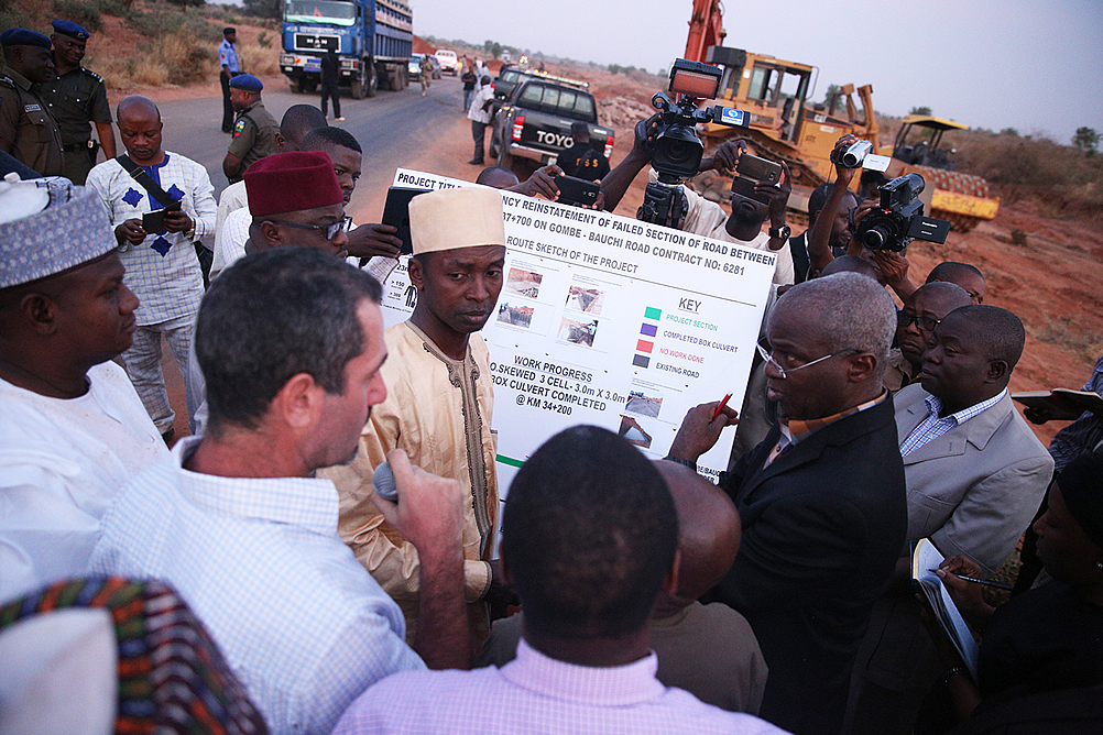 Hon Minister of Power Works  Housing Mr Babatunde FasholaSAN2nd rightDirector HighwaysNorth East Engr Rufai Mohammed rightFederal Controller of Works Gombe State Engr Rugba Emenoge leftProject Manager Triacta Nigeria Limited Engr Rabin Makhlouf middle and others during the Hon Ministers inspection tour of the  ongoing work on the Emergency Reinstatement of failed Section of Road between KM 33  800 and KM 37 700 on Gombe Bauchi Road Gombe State on the first day of his inspection tour of Highway Projects in the North East Zone of the country on Thursday 16 March  2017