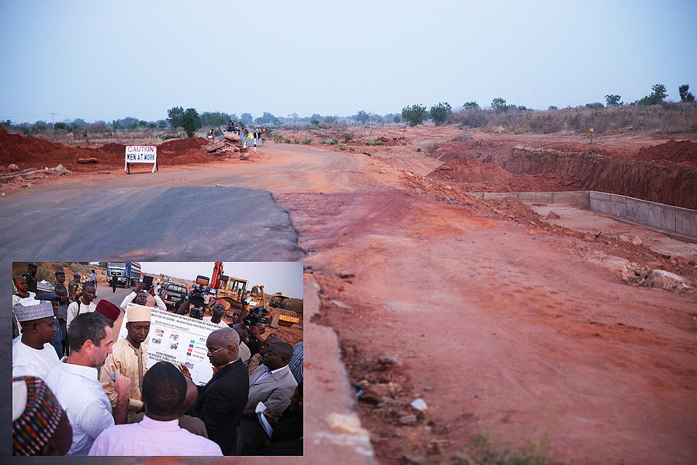 A view of the ongoing work on the Emergency Reinstatement of failed Section of Road between KM 33  800 and KM 37 700 on Gombe Bauchi Road Gombe State Gombe StateINSETHon Minister of Power Works  Housing Mr Babatunde FasholaSAN2nd right Director HighwaysNorth East Engr Rufai Mohammed rightFederal Controller of Works Gombe State Engr Rugba Emenoge leftProject Manager Triacta Nigeria Limited Engr Rabin Makhlouf middle and others during the Hon Ministers inspection tour of the ongoing work on the Emergency Reinstatement of failed Section of Road between KM 33  800 and KM 37 700 on Gombe Bauchi Road Gombe State on the first day of his inspection tour of Highway Projects in the North East Zone of the country on Thursday 16 March  2017