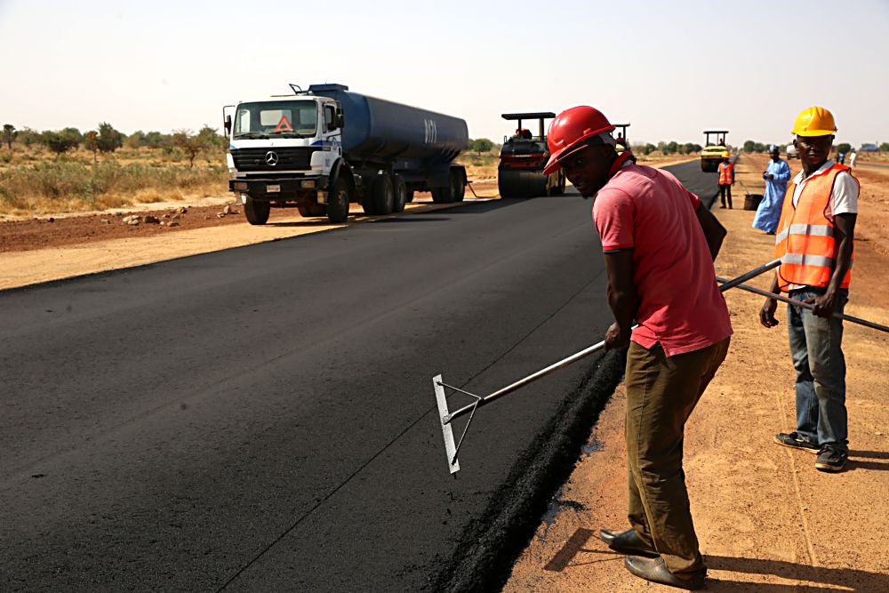 Personnel of Mothercat Nigeria Limited  at work during the Hon Ministers inspection tour of the ongoing construction work on the  Potiskum Bypass which is part of the Dualisation of Kano Maiduguri Road Section III in Yobe State on Saturday 18 March 2017