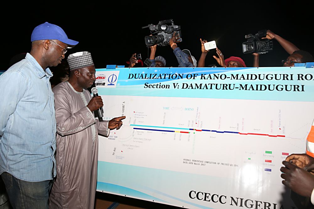 Hon Minister of Power Works  Housing Mr Babatunde FasholaSANleft being briefed by the Federal Controller of Works Borno State Engr Abubakar Usmanright  during the Hon Ministers inspection tour of the Dualization of Kano Maiduguri Road Section V DamaturuMaiduguri in Borno StateYobe on Saturday 18 March 2017