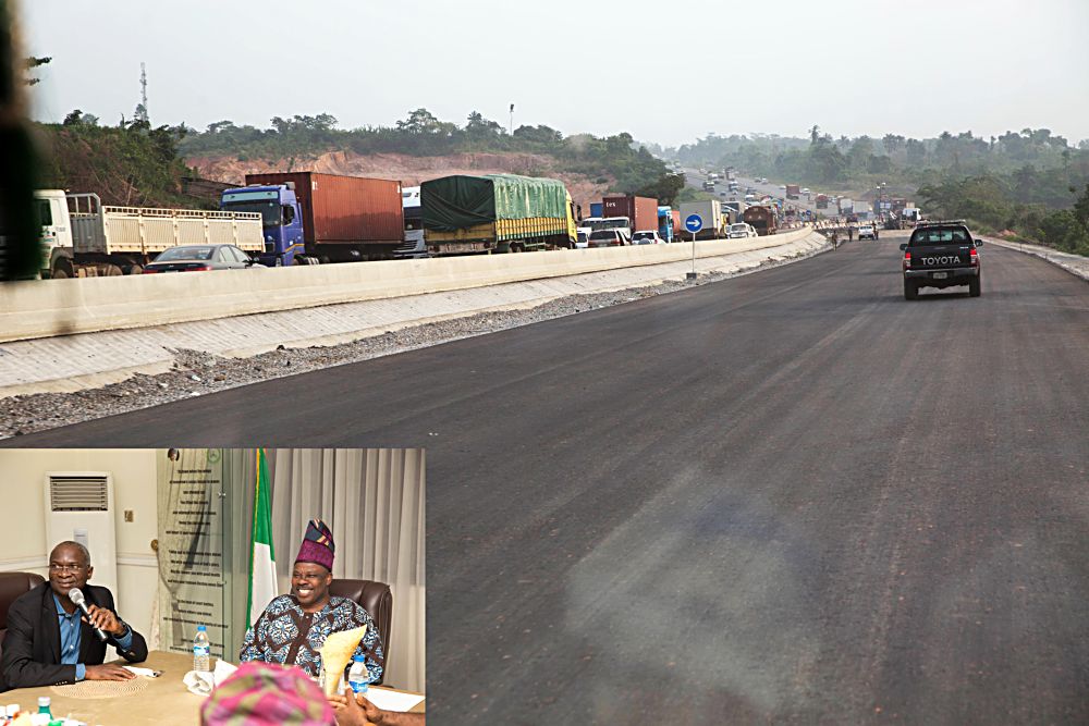 The ongoing construction work on the Rehabilitation Reconstruction and expansion of Lagos  Ibadan dual carriagewaySection IIshagamu Ibadan INSET Hon Minister of Power Works  Housing Mr Babatunde FasholaSANleft and Governor of Ogun State Senator Ibikunle Amosunright  during the Ministers courtesy call while on an  inspection tour of the  ongoing construction work of Rehabilitation Reconstruction and Expansion of Lagos  Ibadan ExpresswaySection IIShagamu Ibadan Federal HighwayOgun State on Day Two of his inspection tour of Highway Projects in the South West Zone of the country on  Friday 24 March 2017