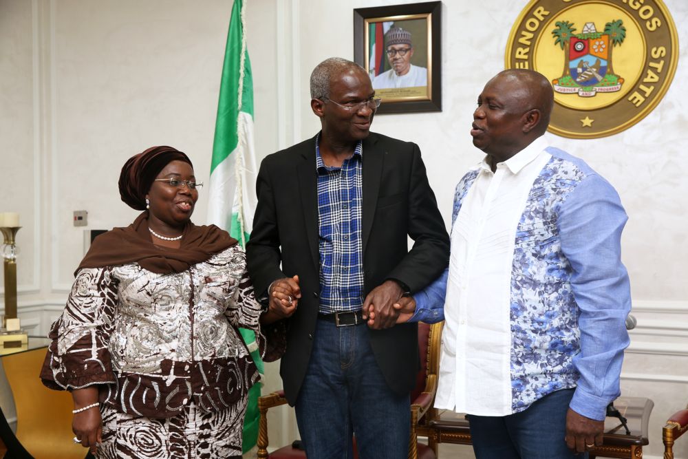 Hon Minister of Power Works  Housing Mr Babatunde FasholaSANmiddle Governor of Lagos State Mr Akinwumi Amboderight and Deputy Governor of Lagos Dr Idiat Oluranti Adebuleleft during the Hon Ministers courtesy call after an  inspection tour of the  ongoing  Rehabilitation Reconstruction and Expansion of Lagos Ibadan dual carriageway section Ishagamu Lagos on Day Three of his inspection tour of Highway Projects in the South West Zone of the country on  Saturday 25th March 2017