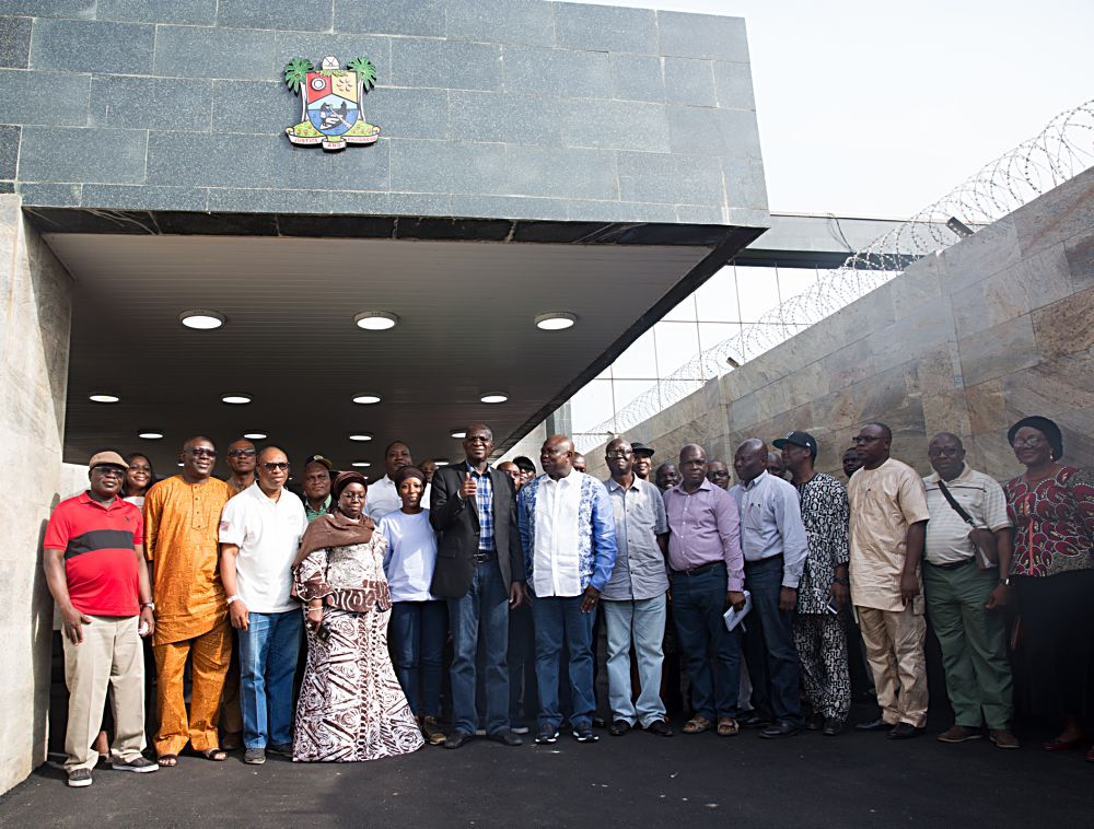 Hon Minister of Power Works  Housing Mr Babatunde FasholaSANmiddle Governor of Lagos State Mr Akinwunmi Amboderight and Deputy Governor of Lagos State Dr Idiat Oluranti Adebuleleft and others in a group photograph shortly after  the Hon Ministers courtesy call  after an inspection tour of the  ongoing construction work of the Rehabilitation Reconstruction and Expansion of Lagos Ibadan Expressway Section I Shagamu Lagos on Day Three of his inspection tour of Highway Projects in the South West Zone of the country on  Saturday 25th March 2017