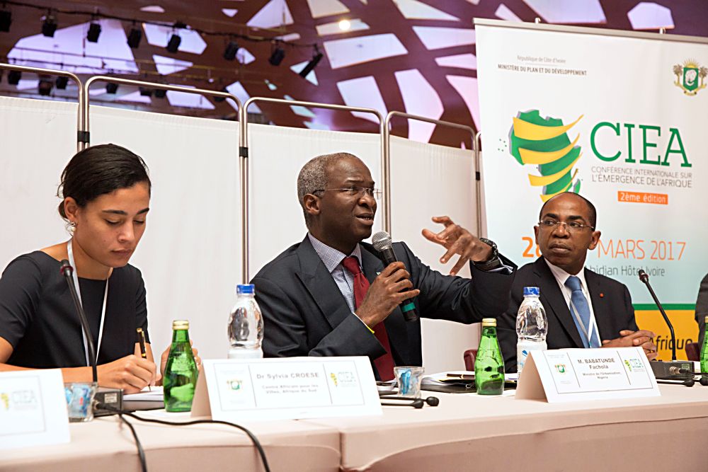 Hon Minister of Power Works  Housing Mr Babatunde FasholaSANmiddle flanked by the Minister of Construction Housing Sanitation and Urban Planning Cote dlvoire Mr Claude Issacright and African Centre for CitiesACCSouth Africa Dr Sylvia Croese left while  speaking as a Panelist on the theme Emergence and Urban Planning The Role of Infrastructures at the 2nd Edition International Conference on the Emergence of Africa ICEA hosted by Republic of Cote dlvoire Ministry of Planning and Development at the Sofitel Abidjan Hotel Cote dlvoire on Wednesday 29 March 2017