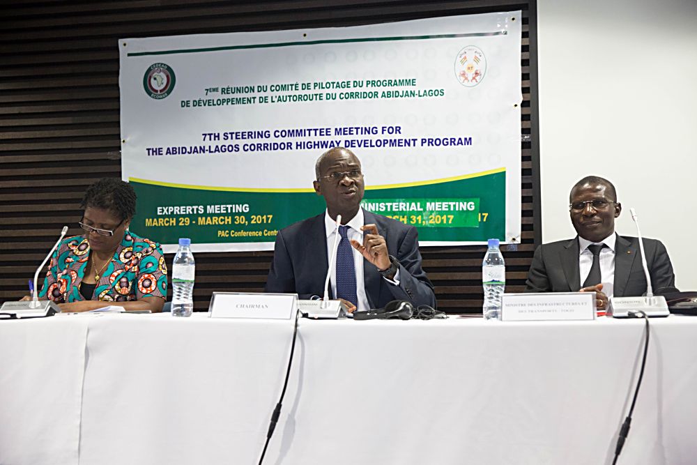 Hon Minister of Power Works  Housing and the Chairman of Steering Committee Mr Babatunde Fashola SAN middle Hon Minister of Infrastructure  Transport Togolese Republic  Mr Ninsao Gnofamright and Commissioner for Infrastructure ECOWAS Commission Dr Antoinette Weeks left  during the 7th Steering Committee Meeting on the Abidjan  Lagos Corridor Highway Development Programme at the EcoBank Transnational Inc ETI Lome Togolese Republic on Friday 31st March 2017