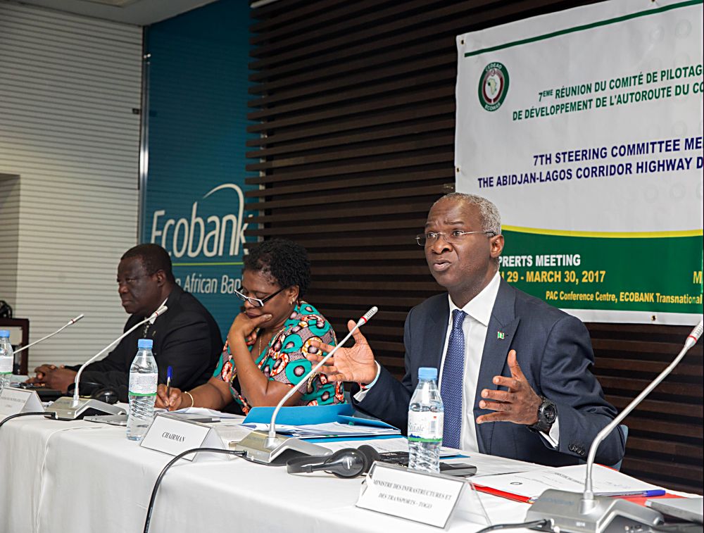 Hon Minister of Power Works  Housing and the Chairman of Steering Committee Mr Babatunde Fashola SAN right Commissioner for Infrastructure ECOWAS Commission Dr Antoinette Weeks middle and Minister of Infrastructure Republic of Ghana Hon Kwasi Anwako Attahleft during the 7th Steering Committee Meeting on the Abidjan  Lagos Corridor Highway Development Programme at the EcoBank Transnational Inc ETI Lome Togolese Republic on Friday 31st March 2017