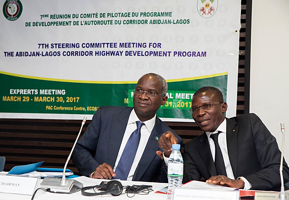 Hon Minister of Power Works  Housing and the Chairman of Steering Committee Mr Babatunde Fashola SAN left and Hon Minister of Infrastructure  Transport Togolese Republic  Mr Ninsao Gnofamright during the 7th Steering Committee Meeting on the Abidjan  Lagos Corridor Highway Development Programme at the EcoBank Transnational Inc ETI Lome Togolese Republic on Friday 31st March 2017