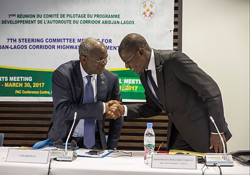 Hon Minister of Power Works  Housing and the Chairman of Steering Committee Mr Babatunde Fashola SAN left being welcomed by the  Hon Minister of Infrastructure  Transport Togolese Republic  Mr Ninsao Gnofamright during the 7th Steering Committee Meeting on the Abidjan  Lagos Corridor Highway Development Programme at the EcoBank Transnational Inc ETI Lome Togolese Republic on Friday 31st March 2017