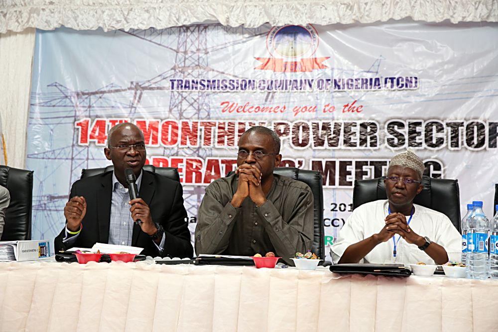 Hon Minister of Power Works  Housing Mr Babatunde Fashola SANmiddle Permanent Secretary Power in the Ministry Mr Louis Edozienmiddle and Vice Chairman Nigerian Electricity Regulatory  CommissionNERC Engr Sanusi Garbaright  during the 14th Monthly Meeting with Sectoral Paricipants in the Power Sector hosted by the Transmission Company of Nigeria TCN at the National Control Centre NCC Osogbo Osun State on Monday 10th  March 2017