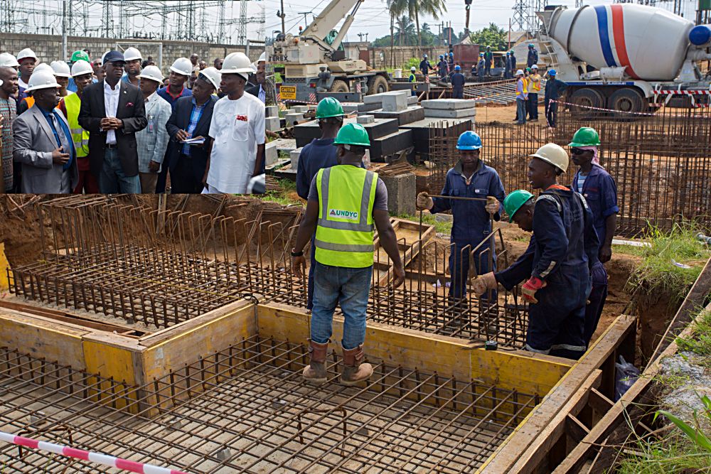 Personnel of General Electric Grid Solutions SAS working on the construction site of the 240MW Afam III Fast Power Plant at the Afam Power Plc  INSET Hon Minister of Power Works  Housing Mr Babatunde Fashola SAN right Managing DirectorChief Executive Officer Afam Power Plc Engr Olumide Noah Obademi left the Secretary to Oyigbo Local Government of Rivers State Mr Chikwen TheophilIus and othersduring the inspection tour of the Afam Power Plant in Port Harcourt Rivers State on Thursday 8 June 2017