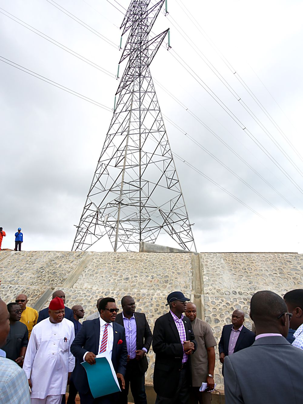 Hon Minister of Power Works  Housing Mr Babatunde Fashola SANleft and Managing Director  Niger Delta Power Holding Company LimitedNDPHC  Mr Chiedu Ugboright inspecting one of the reinforced Transmission Towers at Amechi Community shortly before the 16th Monthly Meeting with  Sectoral Participants in the Power Sector hosted by the Niger Delta Power Holding Company LimitedNDPHC at the Ugwuaji 330132KV Transmission SubStation Enugu State on Monday 12th  June 2017