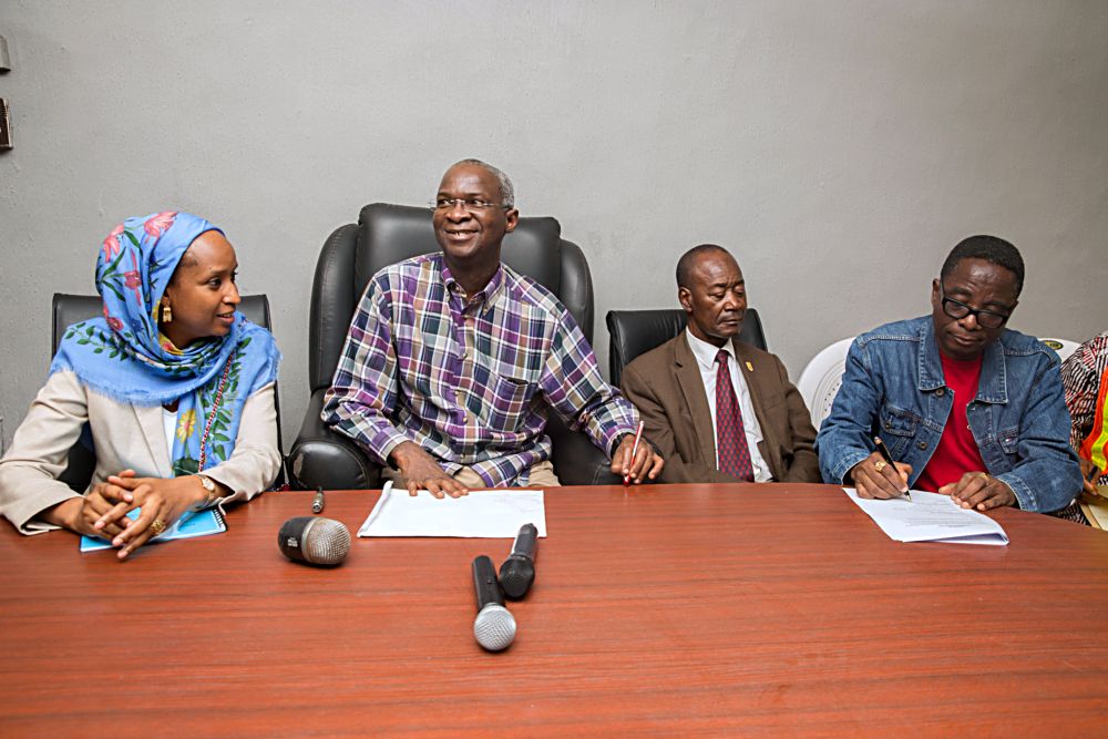 Hon Minister of Power Works  Housing Mr Babatunde Fashola SAN2ndleftthe Managing Director Nigerian Ports AuthorityNPA Ms Hadiza Bala Usman Honorary Adviser to the PresidentChief Executive of the Dangote Group Engr Joseph Makoju 2ndright and Group Managing Director Flour Mills of Nigeria Plc Mr Paul Gbededorightduring a press briefing on theKick Off of the Reconstruction of the 2km long Apapa Wharf Road in Lagos State on Saturday 17th June 2017