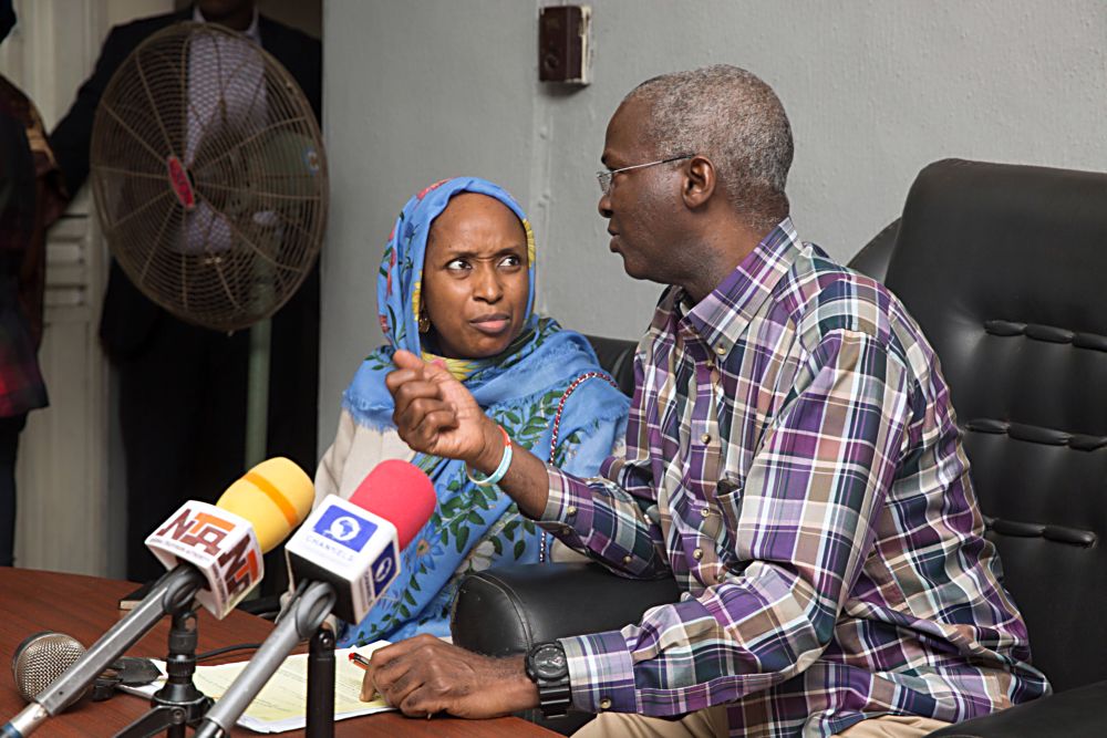 Hon Minister of Power Works  Housing Mr Babatunde Fashola SAN right and the Managing Director Nigerian Ports AuthorityNPA Ms Hadiza Bala Usman left during a press briefing on the Kick Off of the Reconstruction of the 2km long Apapa Wharf Road in Lagos State on Saturday 17th June 2017