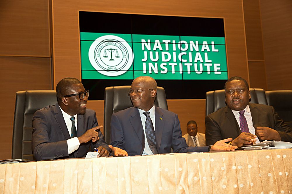 Hon Minister of Power Works  Housing Mr Babatunde Fashola SANmiddle FounderPresident International Institute for Petroleum Energy Law and PolicyIIPELP Prof Niyi Ayoola  Daniels left and representative of the Attorney General of the Federation Mr Pius Otehright during the Opening Ceremony of the 3rdIIPEPNJI Annual Judges Workshop on Petroleum Gas and Power Sectors at the Aloysius Katsina Alu Seminar Block National Judicial Institute Abuja on Monday 19th June 2017