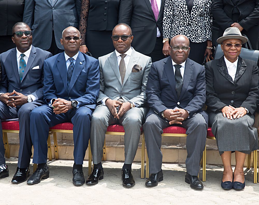 Hon Minister of Power Works  Housing Mr Babatunde Fashola SAN2ndleft representative of the Ag President and Hon Minister of State Petroleum Resources Dr Emmanuel Ibe Kachikwu middle Chief Justice of Nigeria Justice Walter Onnoghen2ndright FounderPresident International Institute for Petroleum Energy Law and PolicyIIPELP Prof Niyi Ayoola  Daniels left and Administrator  National Judicial Institute Hon Justice Rosaline Patricia Bozimoright in a group photograph shortly after the Opening Ceremony of the 3rdIIPEPNJI Annual Judges Workshop on Petroleum Gas and Power Sectors at the Aloysius Katsina Alu Seminar Block National Judicial Institute Abuja on Monday 19th June 2017