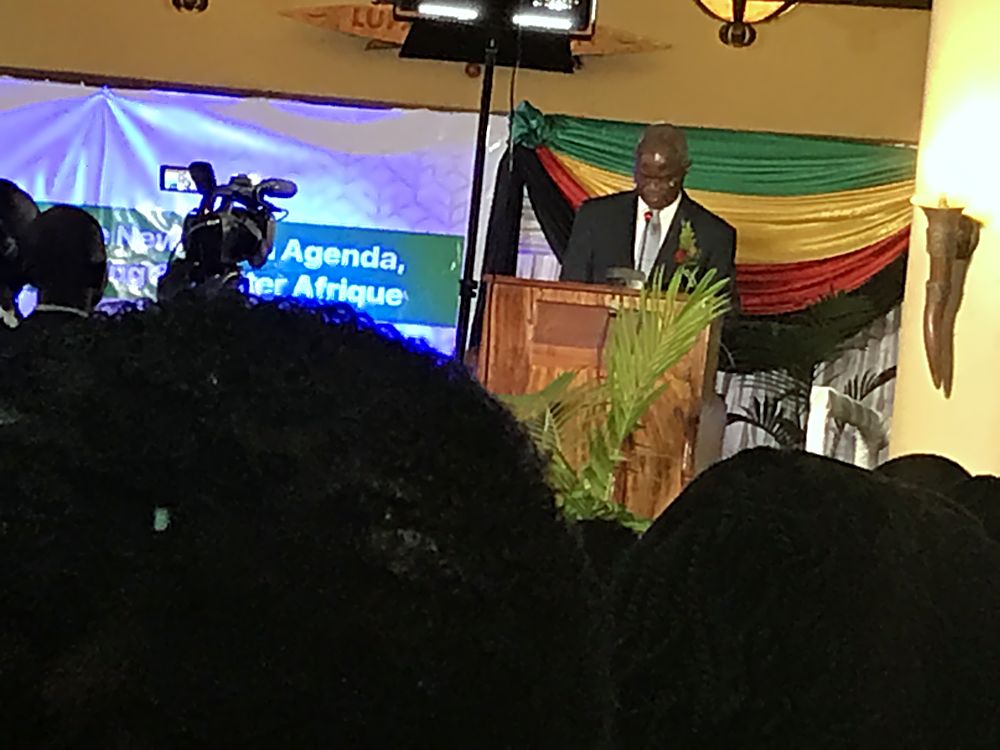 Hon Minister of Power Works  Housing Mr Babatunde Fashola SAN right addressing participants duringthe Opening Ceremony of the 35th Annual General Meeting of Shelter Afrique at the Victoria Falls Zimbabwe on Wednesday 5th July 2017