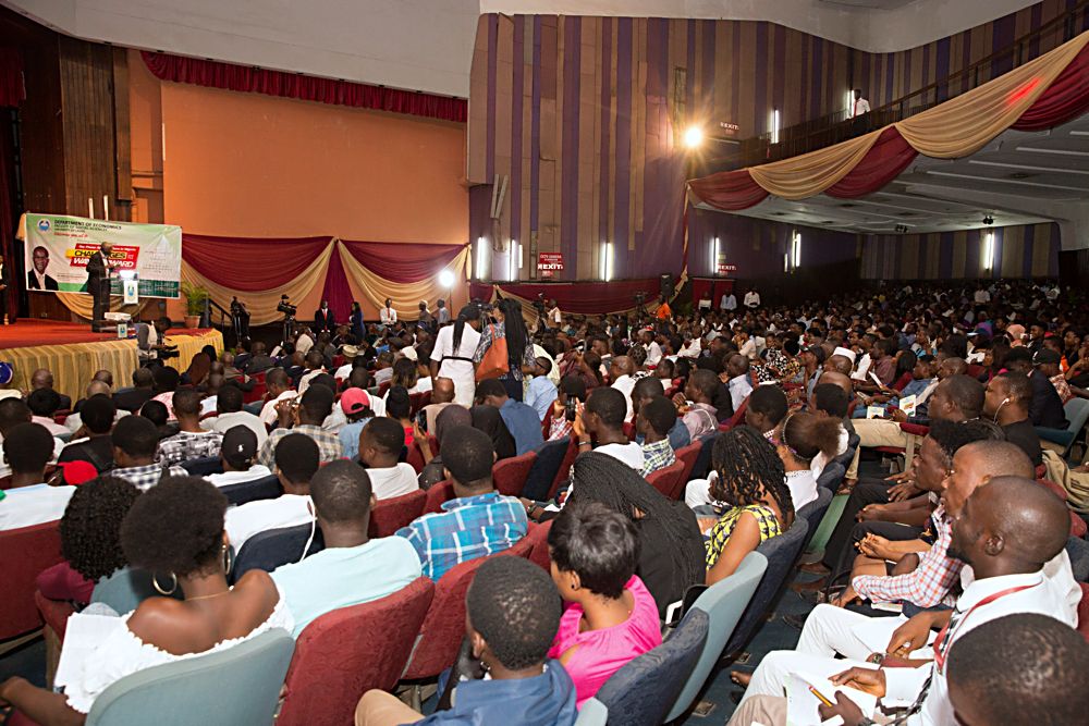 Hon Minister of Power Works  Housing Mr Babatunde Fashola SAN right delivering a lecture  on the topic Power Sector Reforms  Challenges and the Way Forward at the Department of Economics 2017 Distinguished Public Lecture Series held at the JF Ade Ajayi Auditorium Former Main Auditorium University of Lagos on Thursday 13th July 2017