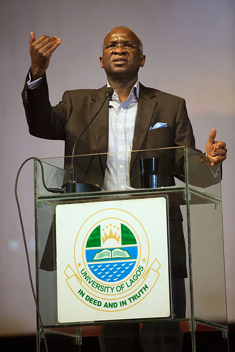 Hon Minister of Power Works  Housing Mr Babatunde FasholaSAN delivering a lecture on the topic Power Sector Reforms  Challenges and the Way Forward at the Department of Economics 2017 Distinguished Public Lecture Series held at the JF Ade Ajayi Auditorium Former Main Auditorium University of Lagos on Thursday 13th July 2017