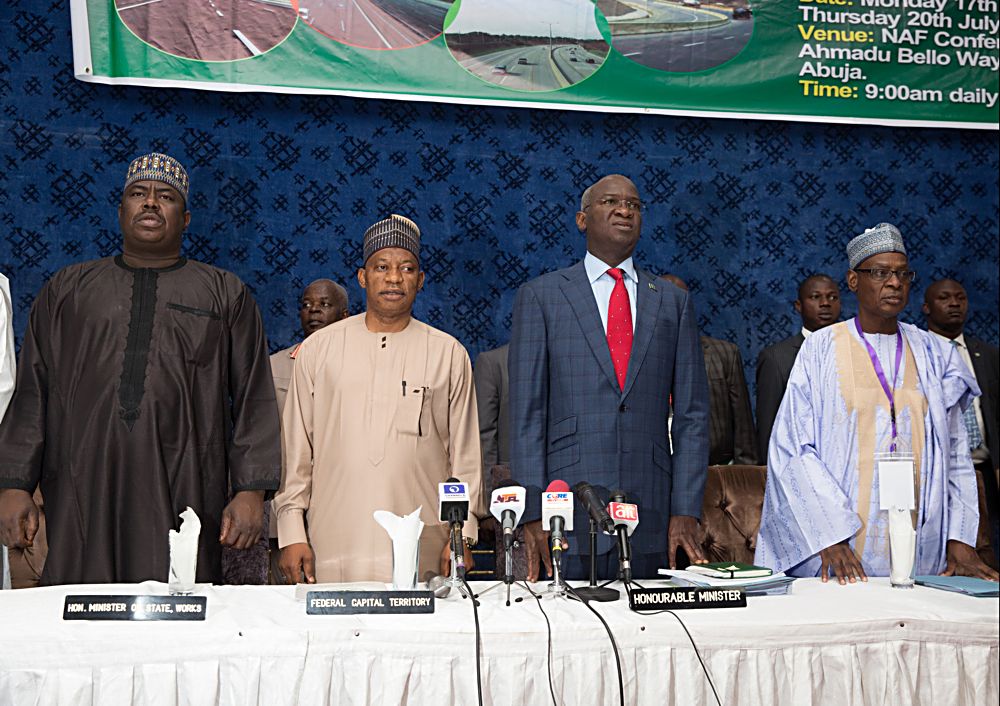 Hon Minister of Power Works  Housing Mr Babatunde Fashola SAN 2nd right Minister of State Hon Mustapha Baba Shehurileft  Permanent Secretary Works  Housing Mr Muhammed Bukarright andrepresentativeof the Minister of the Federal Capital Territory Engr Umar Jibrin2nd left duringthe 23rdMeeting of the National Council on Works with the theme Adequate Traffic Signage An Essential Key for Highways Infrastructure Safety and Comfort hosted by the Federal Ministry of Power Works and Housing at the NAF Conference Centre Ahmadu Bello Way Kado District Abuja on Thursday 20thJuly 2017