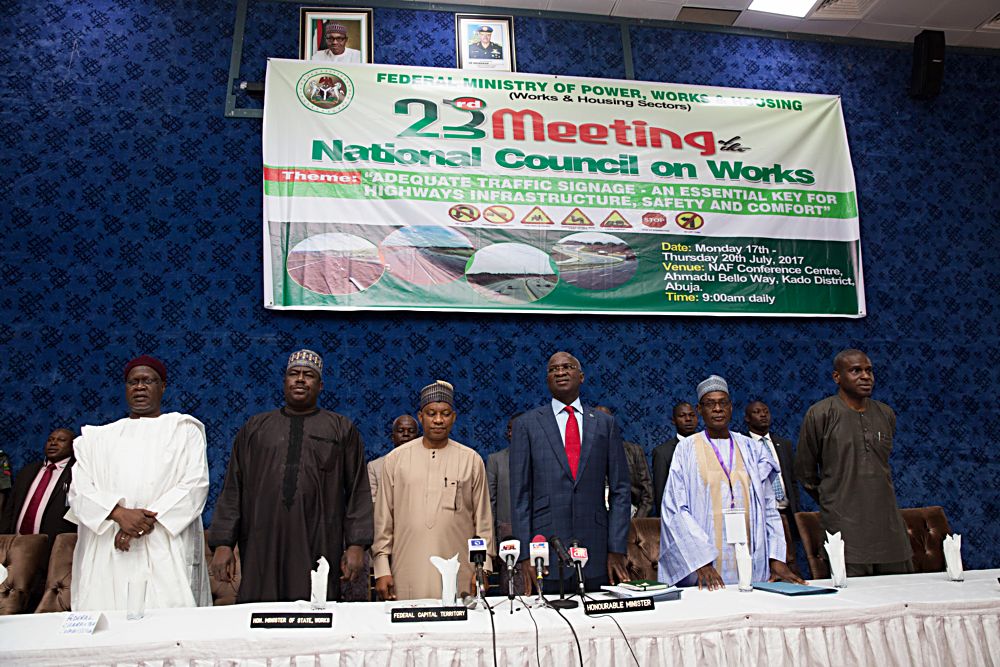 Hon Minister of Power Works  Housing Mr Babatunde Fashola SAN3rd right Minister of State Hon Mustapha Baba Shehuri2nd left Permanent Secretary Works  Housing Mr Muhammed Bukar 2nd right Permanent Secretary Power MrLouis Edozienright representativeof Minister of the Federal CapitalTerritory Engr Umar Jibrin3rd leftand CommissionerFederal Character Commission Dr Shettima Bukar Abbaleft duringthe 23rdMeeting of the National Council on Works with the theme Adequate Traffic Signage An Essential Key for Highways Infrastructure Safety and Comfort hosted by the Federal Ministry of Power Works and Housing at the NAF Conference Centre Ahmadu Bello Way Kado District Abuja on Thursday 20thJuly 2017