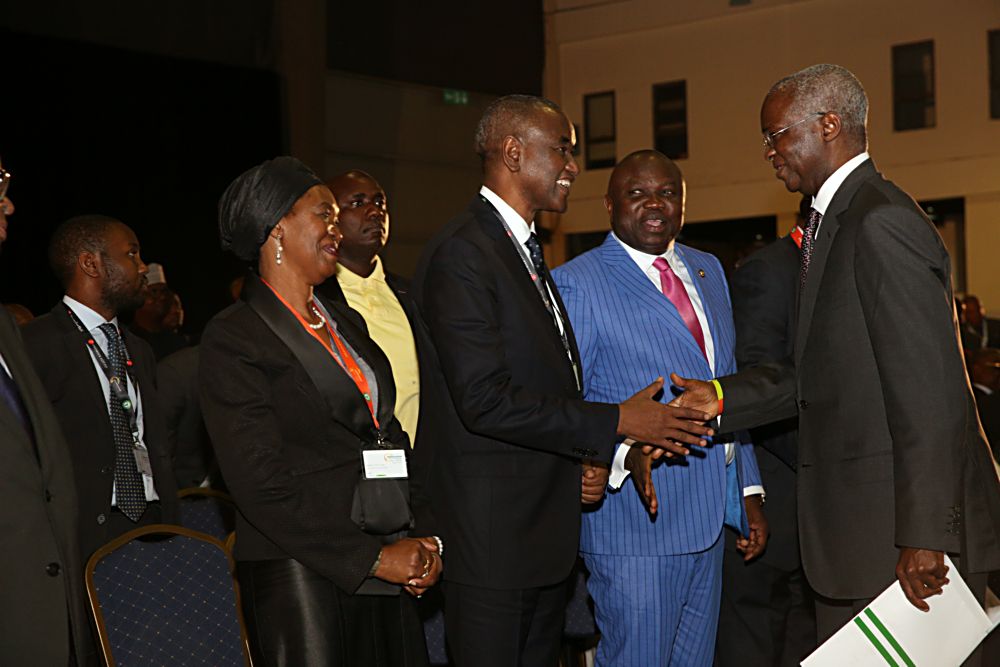 Representative of the Vice President and Hon Minister of Power Works  Housing Mr Babatunde FasholaSAN rightGovernor of Lagos State Mr Akinwunmi Ambode 2ndright  President Nigerian Bar Association Mr Abubakar Balarade Mahmoud SAN2ndleft and Justice Patricia Mahmoud left during the Opening Ceremony of the Nigerian Bar Association 2017 Annual General Conference with the theme African Business Penetrating Through Institution Building at the Landmark Centre Eti  Osa Lagos on Sunday 20th August 2017