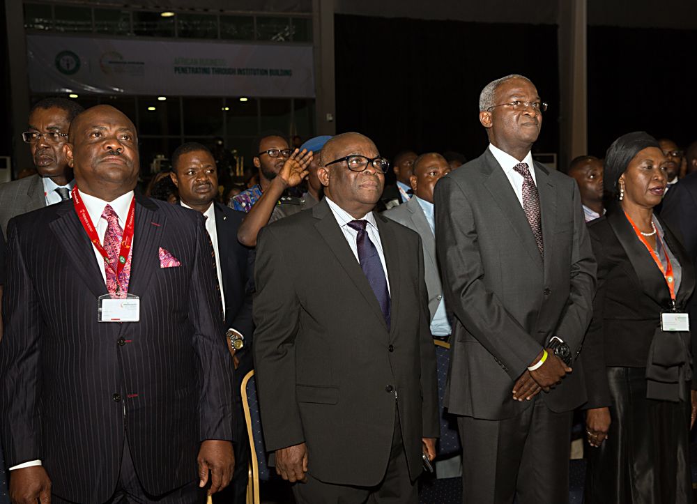 Representative of the Vice President and Hon Minister of Power Works  Housing Mr Babatunde FasholaSAN 2ndright Chief Justice of Nigeria Justice Walter Onoghen2ndleft Governor of Rivers State Chief Nyesom Ezenwo Wike left and Justice Patricia Mahmoudright during the Opening Ceremony of the Nigerian Bar Association 2017 Annual General Conference with the theme African Business Penetrating Through Institution Building at the Landmark Centre Eti  Osa Lagos on Sunday 20th August 2017