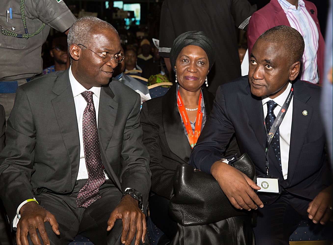 Representative of the Vice President and Hon Minister of Power Works  Housing Mr Babatunde FasholaSAN left President Nigerian Bar Association Mr Abubakar Balarade MahmoudSAN right and Justice Patricia Mahmoud middle during the Opening Ceremony of the Nigerian Bar Association 2017 Annual General Conference with the theme African Business Penetrating Through Institution Building at the Landmark Centre Eti  Osa Lagos on Sunday 20th August 2017