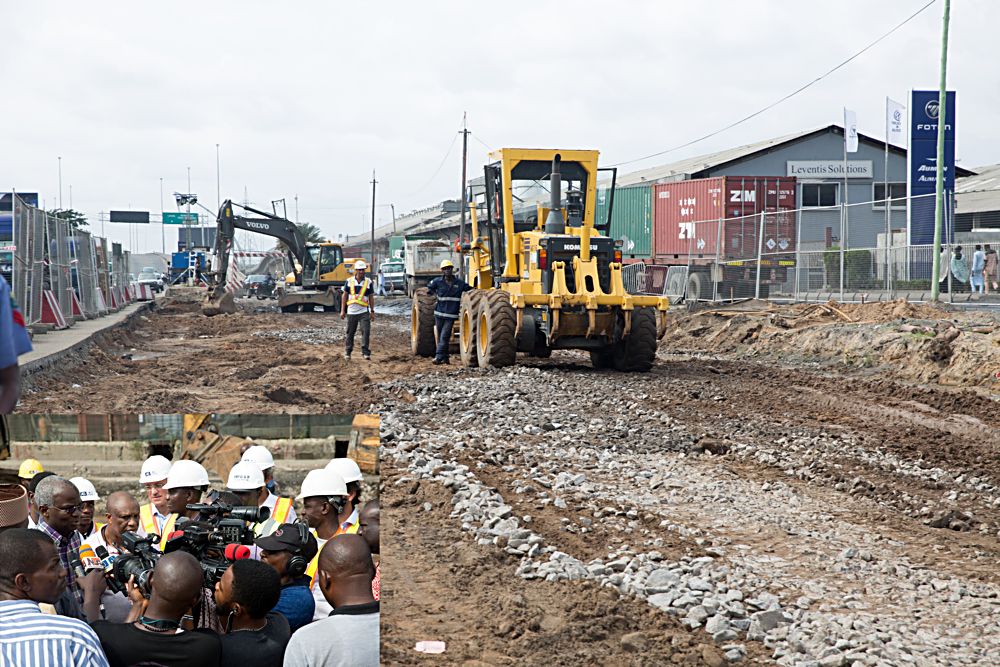 A section of the ongoing reconstruction  of Wharf Road Apapa  in Lagos being handled by AG Dangote Construction Company INSET Hon Minister of Power Works  HousingMr Babatunde FasholaSANleft speaking with Journalists shortly after an inspection of the ongoing reconstruction of Wharf Road Apapa With him is the Director Highways Construction and Rehabilitation in the Ministry of Power Works  Housing Engr Yemi Oguntominiyimiddle in Lagos on Saturday 2nd September  2017