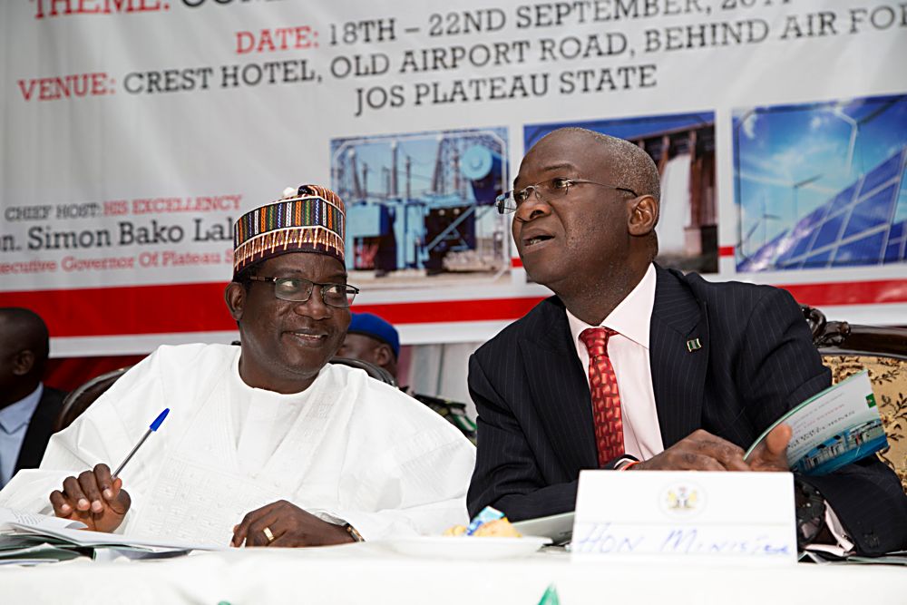 Hon Minister of Power Works  Housing Mr Babatunde Fashola SANright and Governor of Plateau State Barr Simon Bako Lalongleft during the Executive Session of the 3rd National Council on PowerNACOP with the theme Completing Power Sector Reforms at the Crest Hotel  Gardens Old Airport Road Jos Plateau State on Thursday 21st September 2017