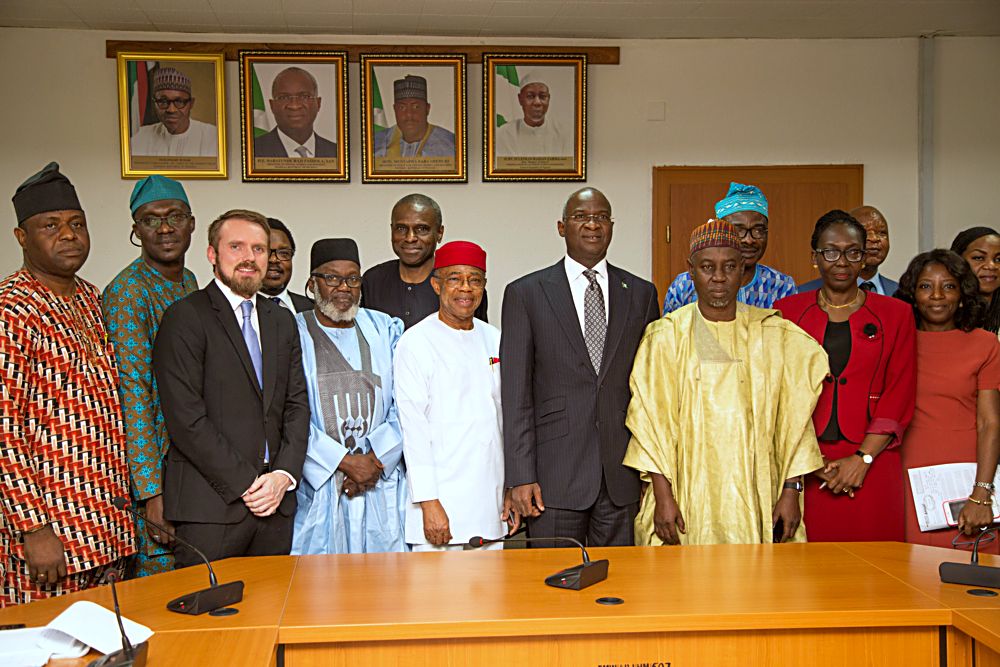 Hon Minister of Power Works  Housing Mr Babatunde Fashola SAN4th right  Minister of State Surv SuleimanZarmaHassan 3rd right Permanent Secretary PowerEngr Louis Edozien  President  Manufacturers Association of NigeriaMAN Dr Frank Jacobs4th left Vice President MAN Engr Ibrahim Usman 3rd left and others in a group photographshortly after a courtesy visit to the Hon Ministers to discuss issues relating to Infrastructure and Made in Nigeria products at the Ministry of Power Works  Housing Headquarters Mabushi Abuja on Monday 25thSeptember 2017