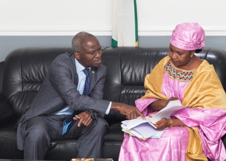 Hon Minister of Power Works  Housing Mr Babatunde Fashola SANleft and Minister of Energy Republic of Niger Hon Amina Moumouniright  during a courtesy visit to the Hon Ministers Office to discuss issues relating Republic of Nigers Power Sector  at the Ministry of Power Works  Housing Headquarters Mabushi Abuja on Tuesday 3rd October 2017 