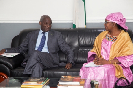 Hon Minister of Power Works  Housing Mr Babatunde Fashola SAN left and Minister of Energy Republic of Niger Hon Amina Moumouni right  during a courtesy visit to the Hon Ministers Office to discuss issues relating Republic of Nigers Power Sector  at the Ministry of Power Works  Housing Headquarters Mabushi Abuja on Tuesday 3rd October 2017 